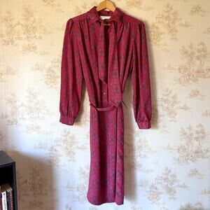 Vintage 70s 80s Schrader Sport Red Geometric Neck Tie Secretary Shirt Dress XL